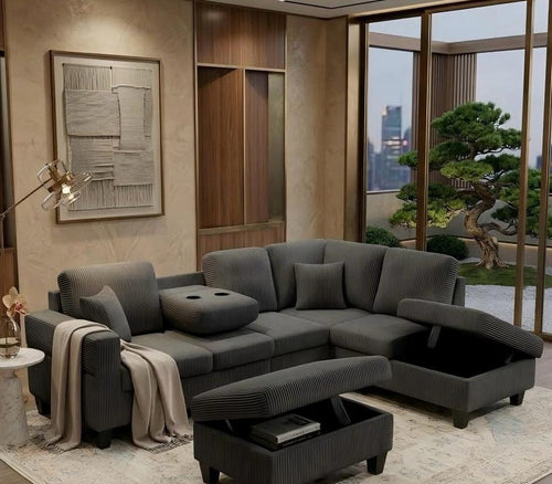 Live Oak 2510 Reversible Corduroy Sectional Sofa Set with Drop-Down Tray