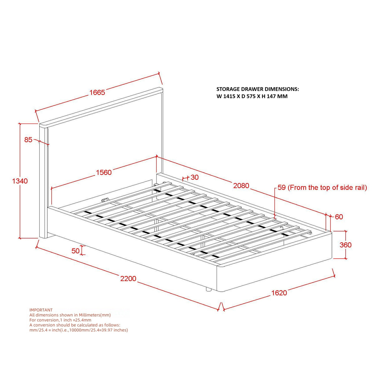 Andover 60″ Queen Platform Bed with Drawer (Oat)