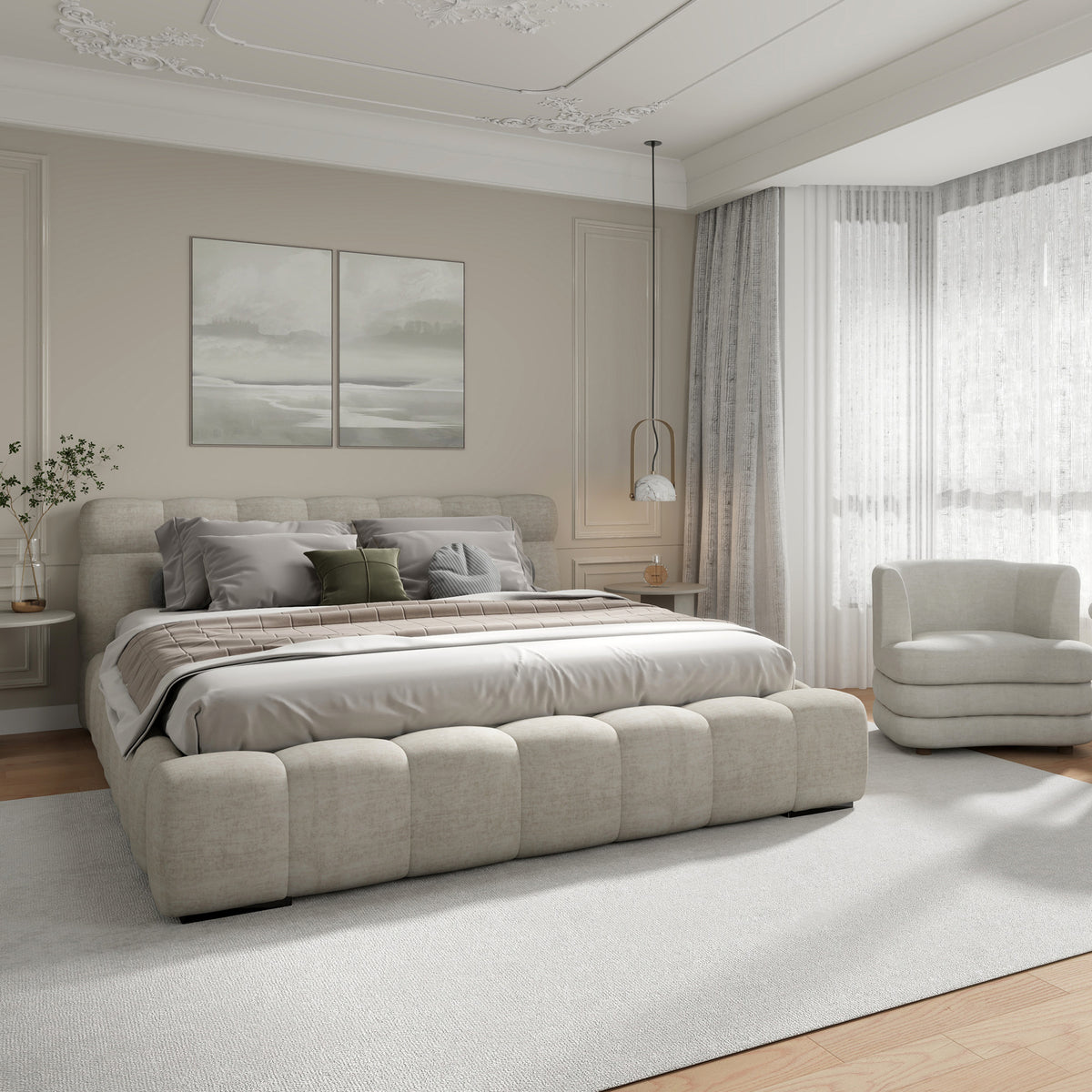 Pasha 78″ King Platform Bed (Beige Pearl)