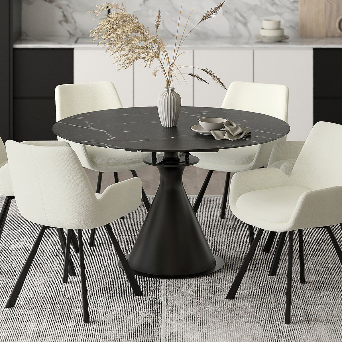 Calisto Round Dining Table with Extension, 51″ (Black and Black)
