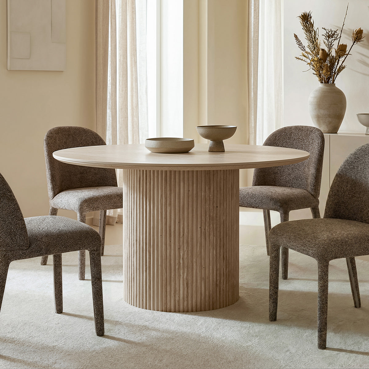 Thalia Round Dining Table, 47″ (Ivory & Travertine)
