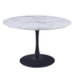 Zilo Round Pedestal Dining Table, 48″ (White Faux Marble and Black)