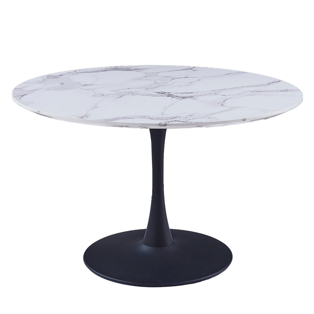Zilo Round Pedestal Dining Table, 48″ (White Faux Marble and Black)