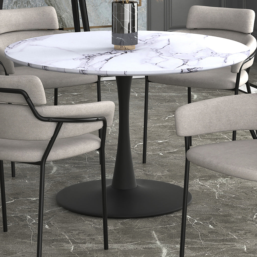 Zilo Round Pedestal Dining Table, 48″ (White Faux Marble and Black)