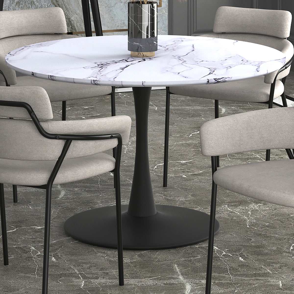 Zilo Round Pedestal Dining Table, 48″ (White Faux Marble and Black)