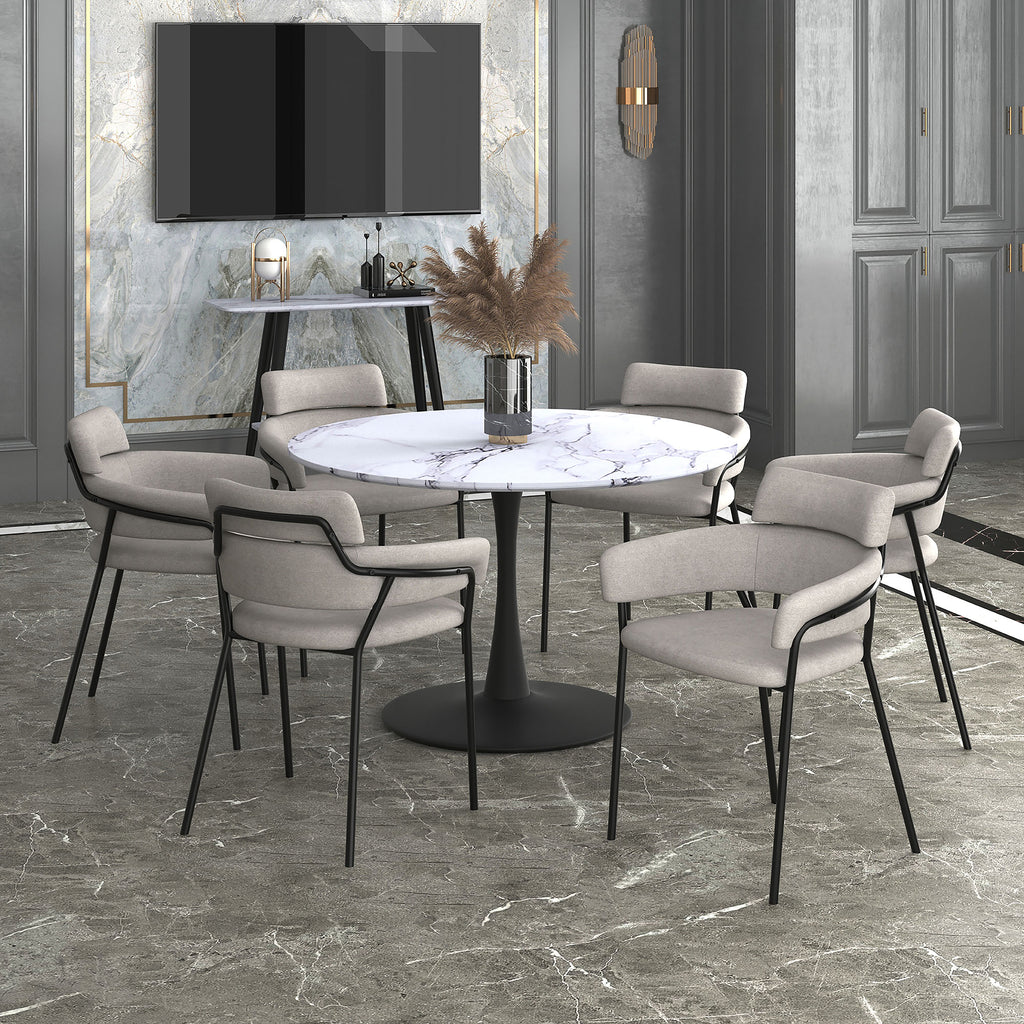 Zilo Round Pedestal Dining Table, 48″ (White Faux Marble and Black)