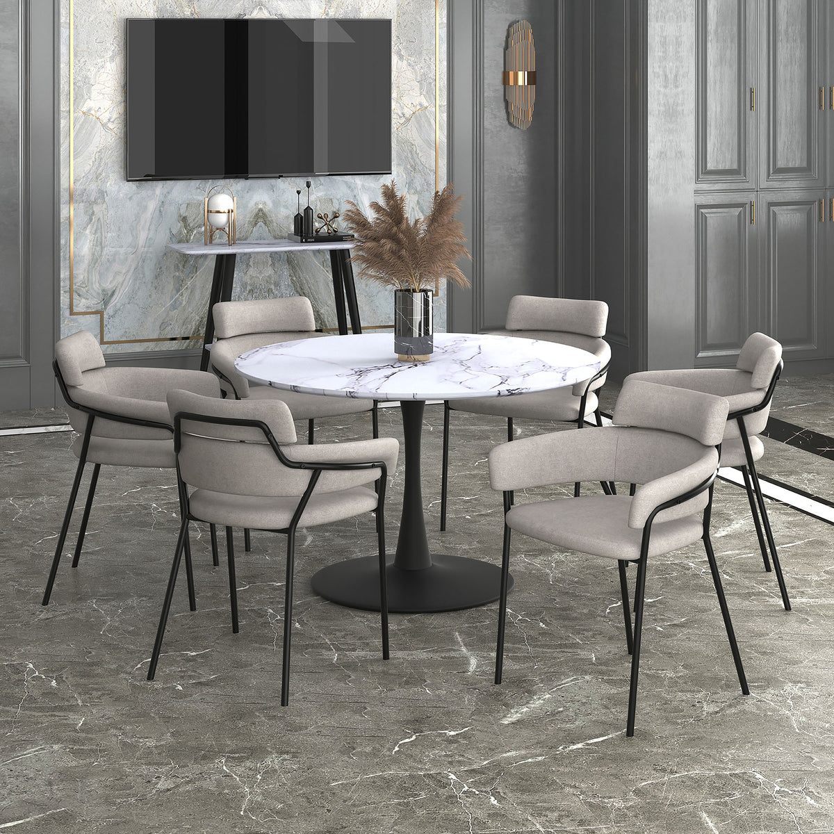 Zilo Round Pedestal Dining Table, 48″ (White Faux Marble and Black)
