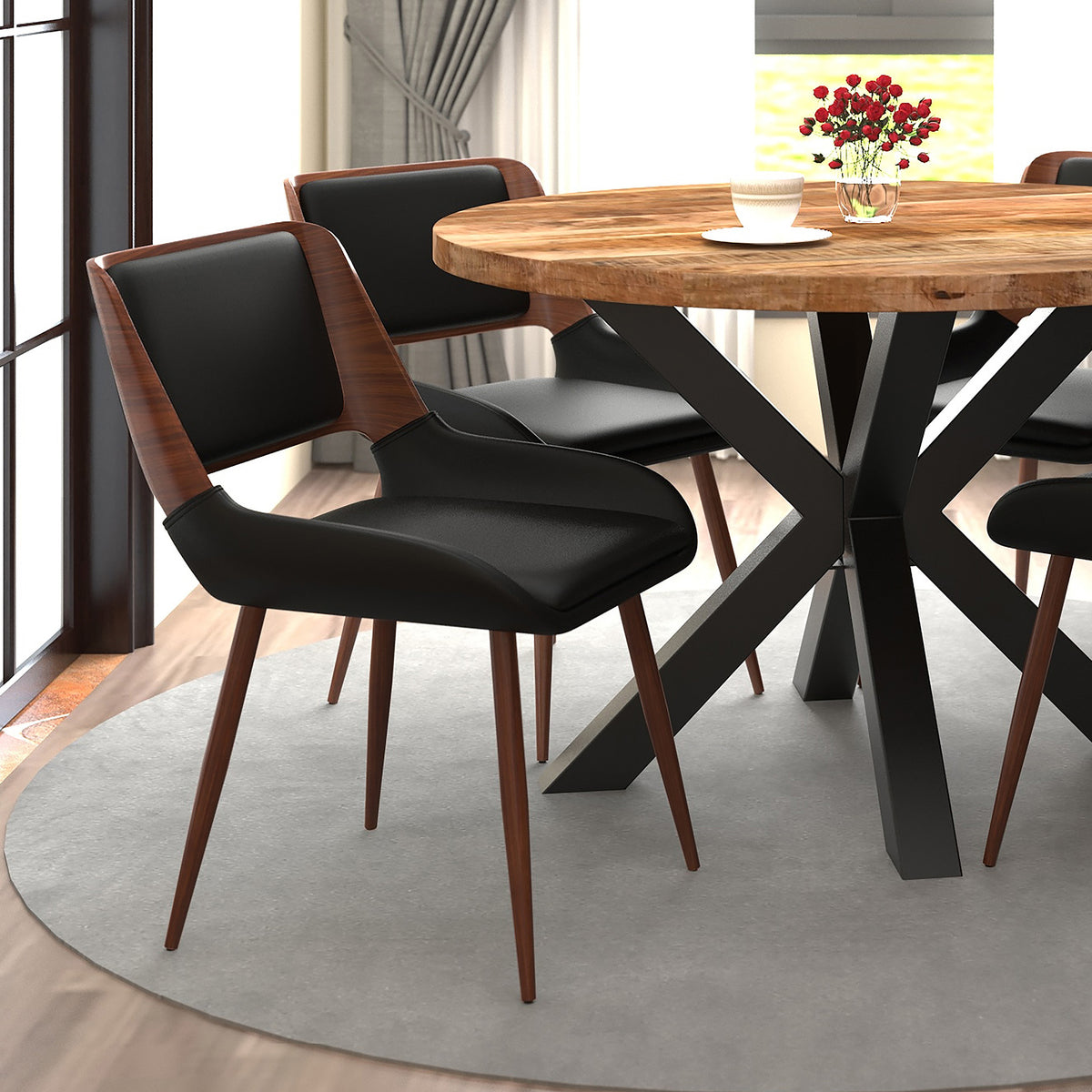 Hudson Dining/Lounge Chair (Black Faux Leather and Walnut) (Set of 2)