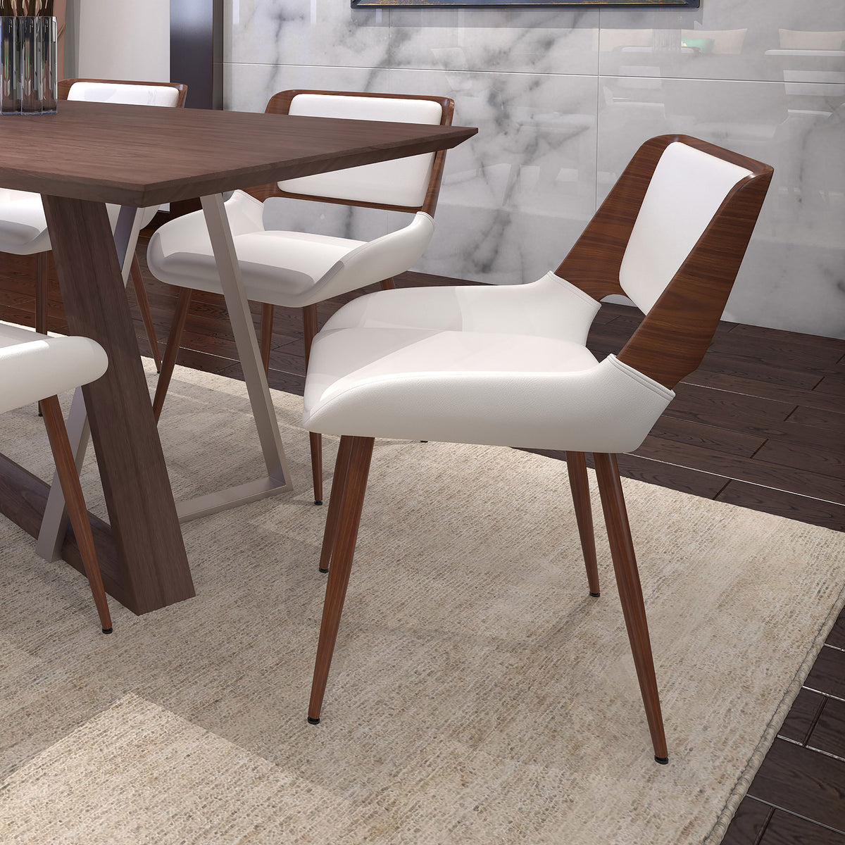 Hudson Dining/Lounge Chair (White Faux Leather and Walnut) (Set of 2)