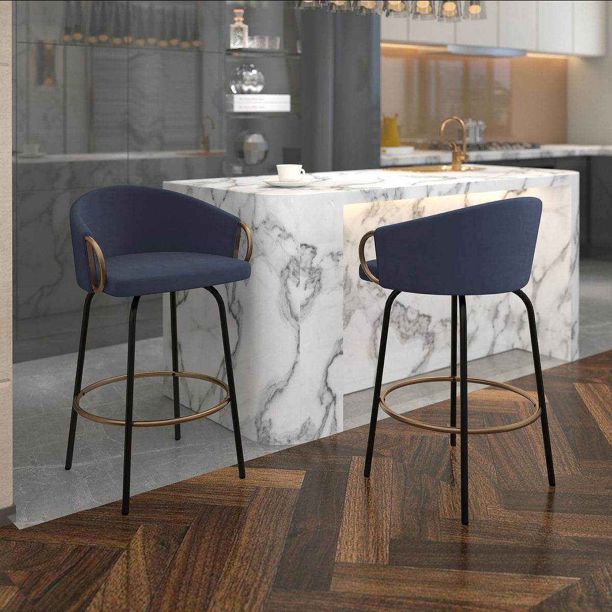 Lavo 26″ Counter Stool with Swivel (Blue and Black and Aged Gold) (Set of 2)
