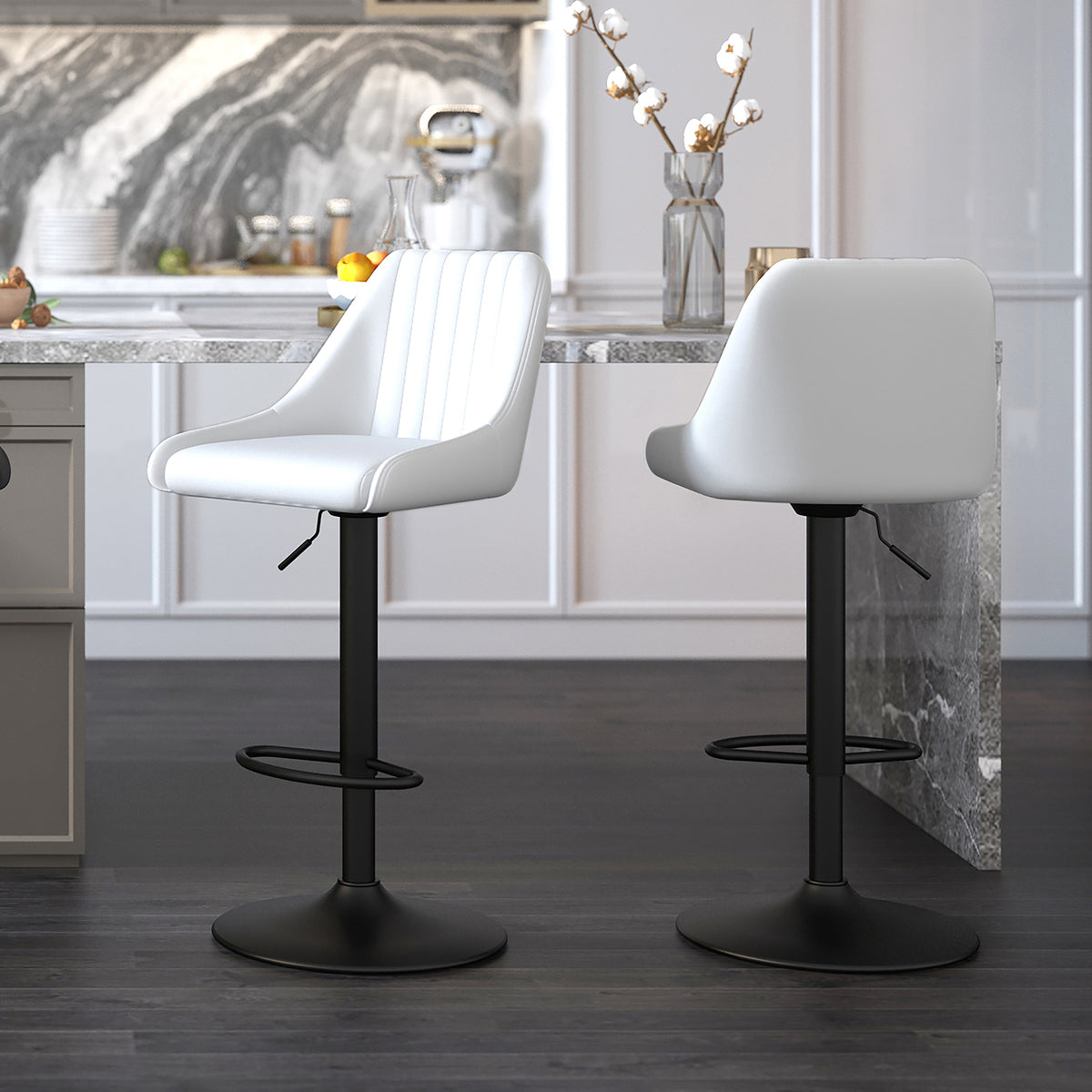 Kron Air-Lift Stool (White PU and Black) (Set of 2)