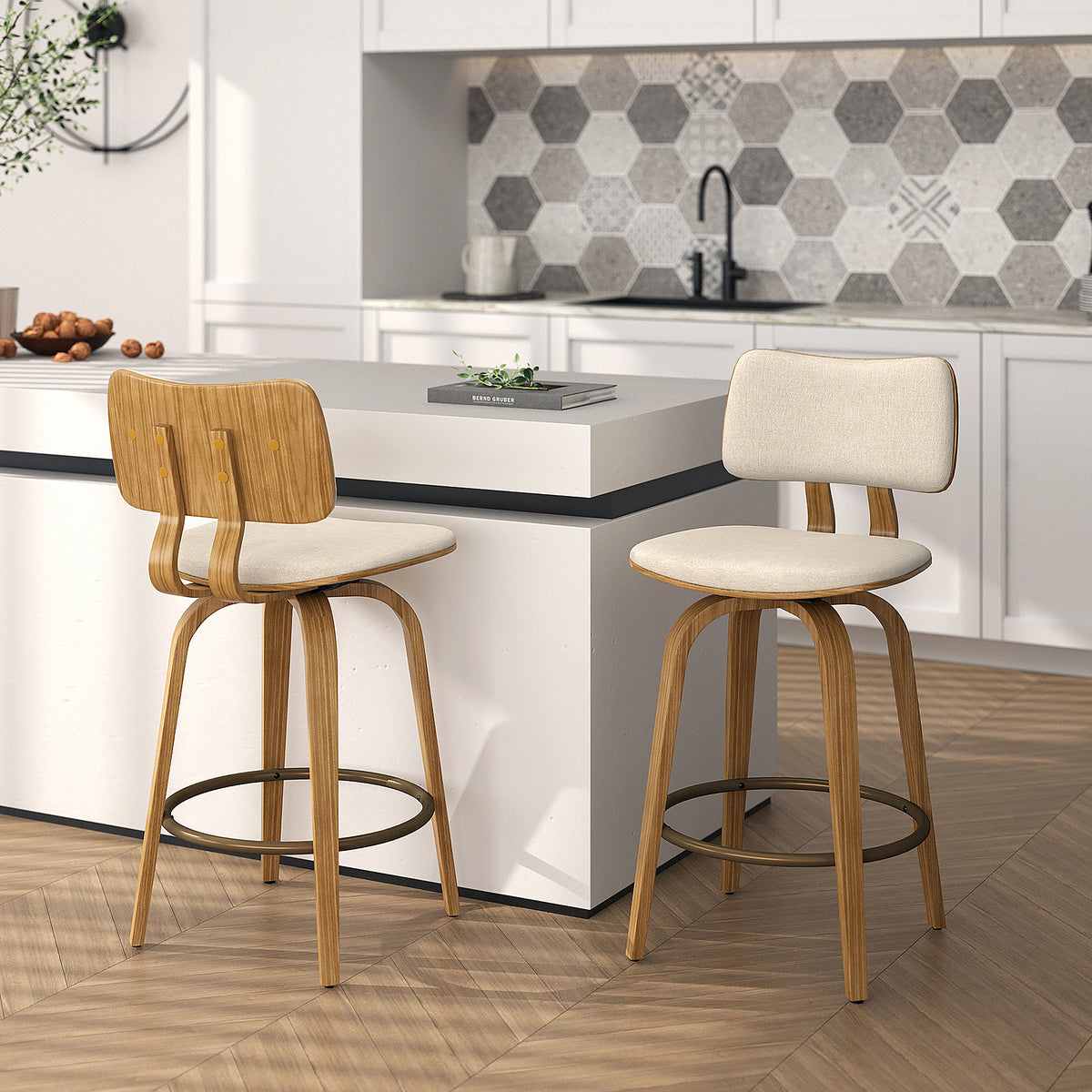 Zuni 26″ Counter Stool with Swivel, Fabric (Beige Fabric and Natural) (Set of 2)