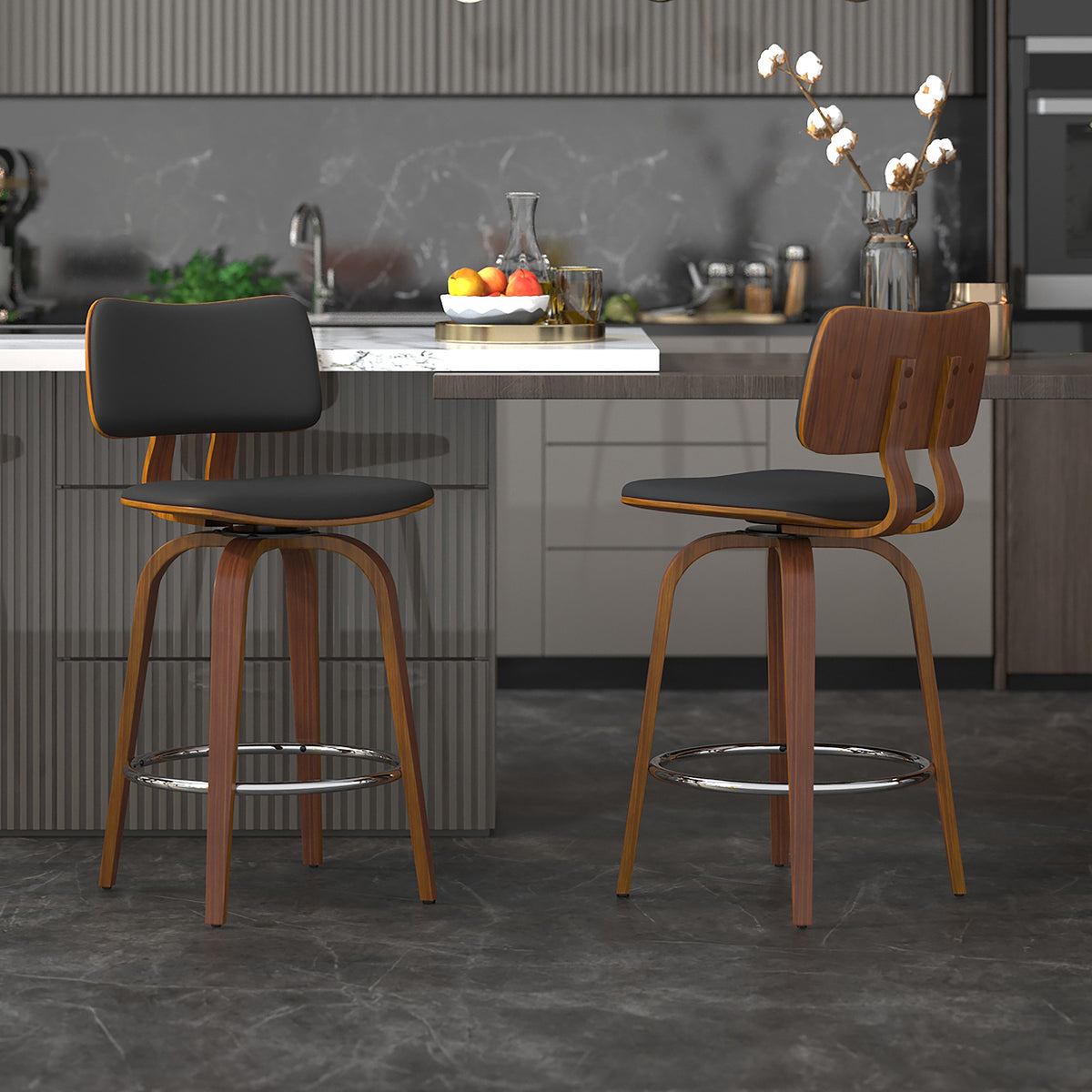 Zuni 26″ Counter Stool with Swivel, PU (Black PU and Walnut) (Set of 2)