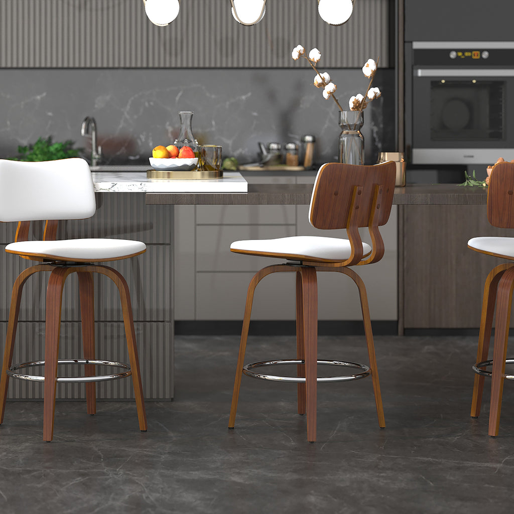 Zuni 26″ Counter Stool with Swivel, PU (White PU and Walnut) (Set of 2)