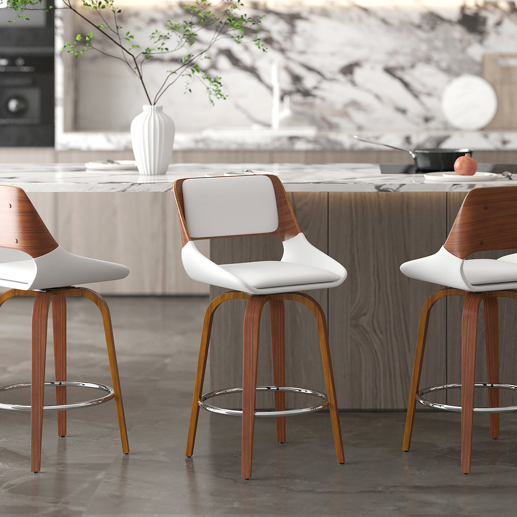 Hudson 26″ Counter Stool with Swivel (White Faux Leather and Walnut) (Set of 2)