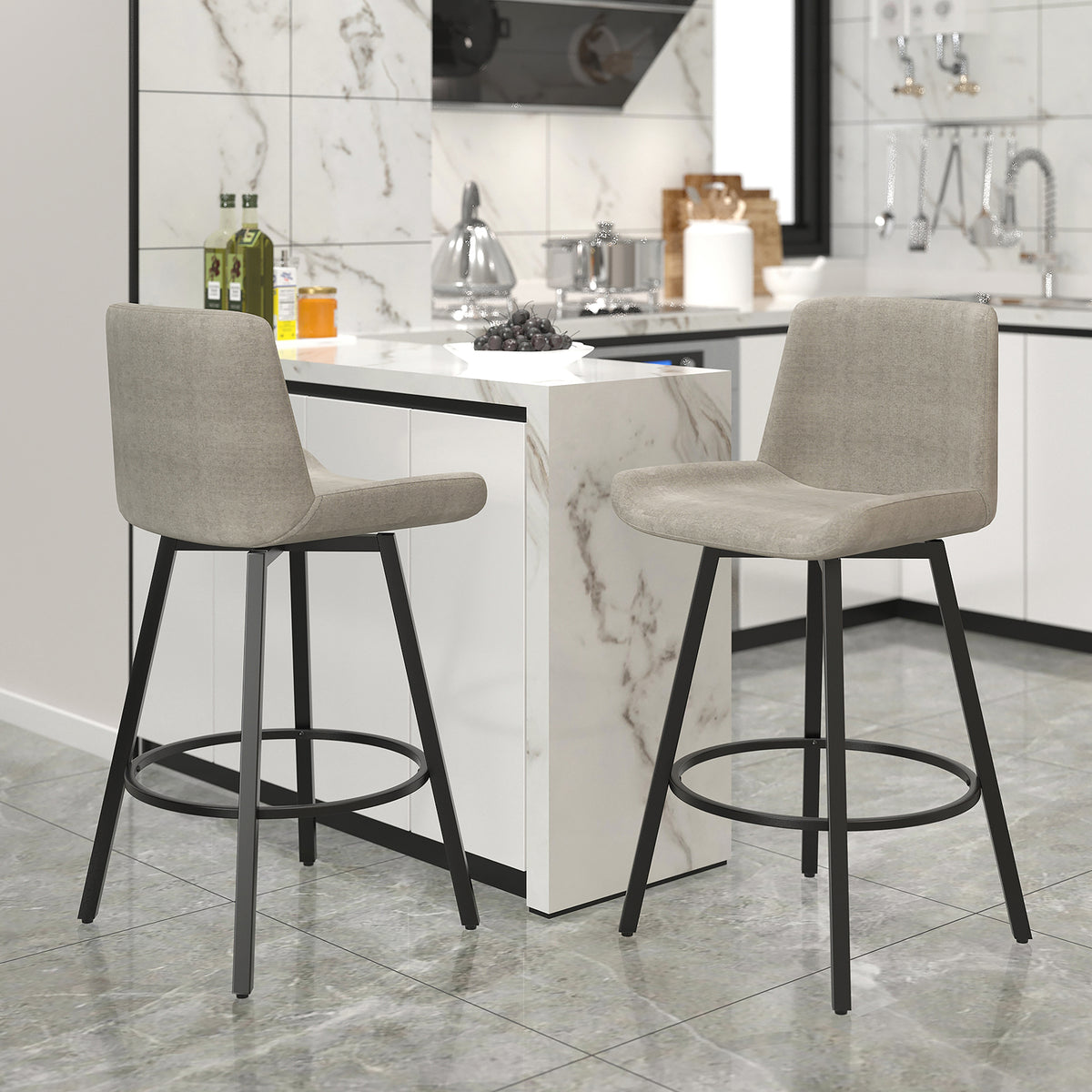 Fern 26″ Counter Stool with Swivel (Grey Fabric and Black) (Set of 2)
