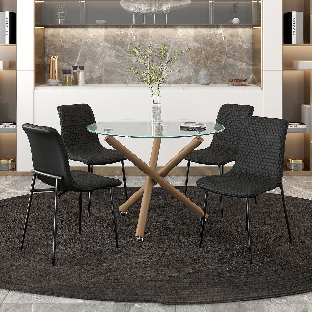 Carmilla and and Brixx 5pc Dining Set - Aged Gold Table and Black Chairs