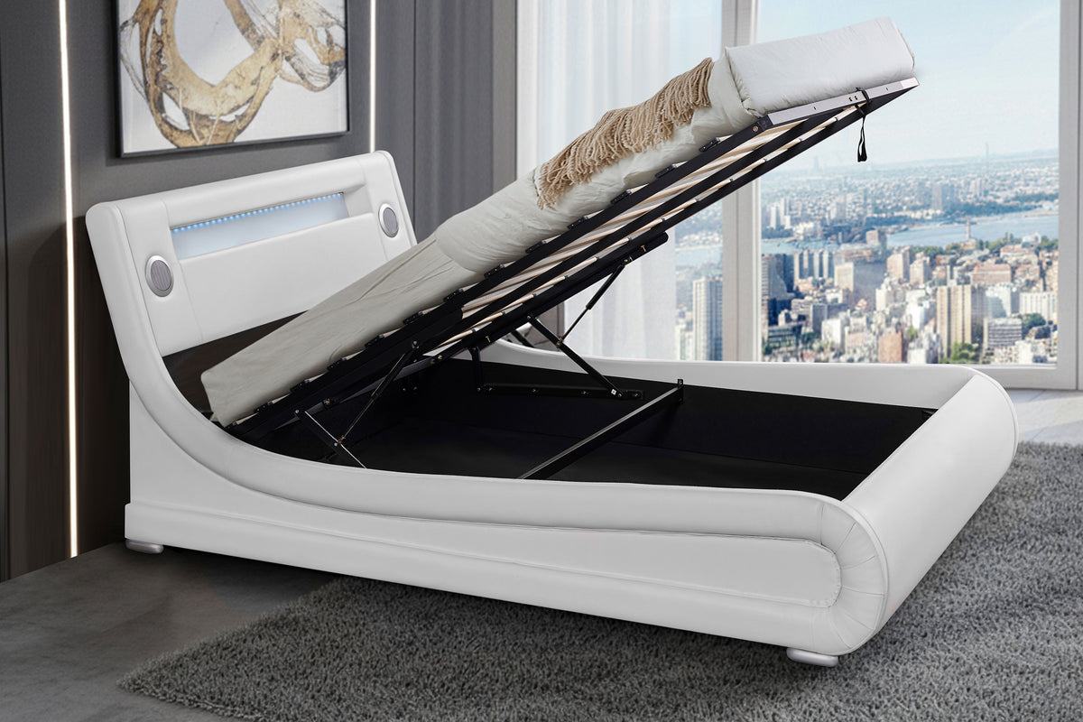 Paris White Queen Vegan Leather Bed with Storage, Speakers and LED Panel