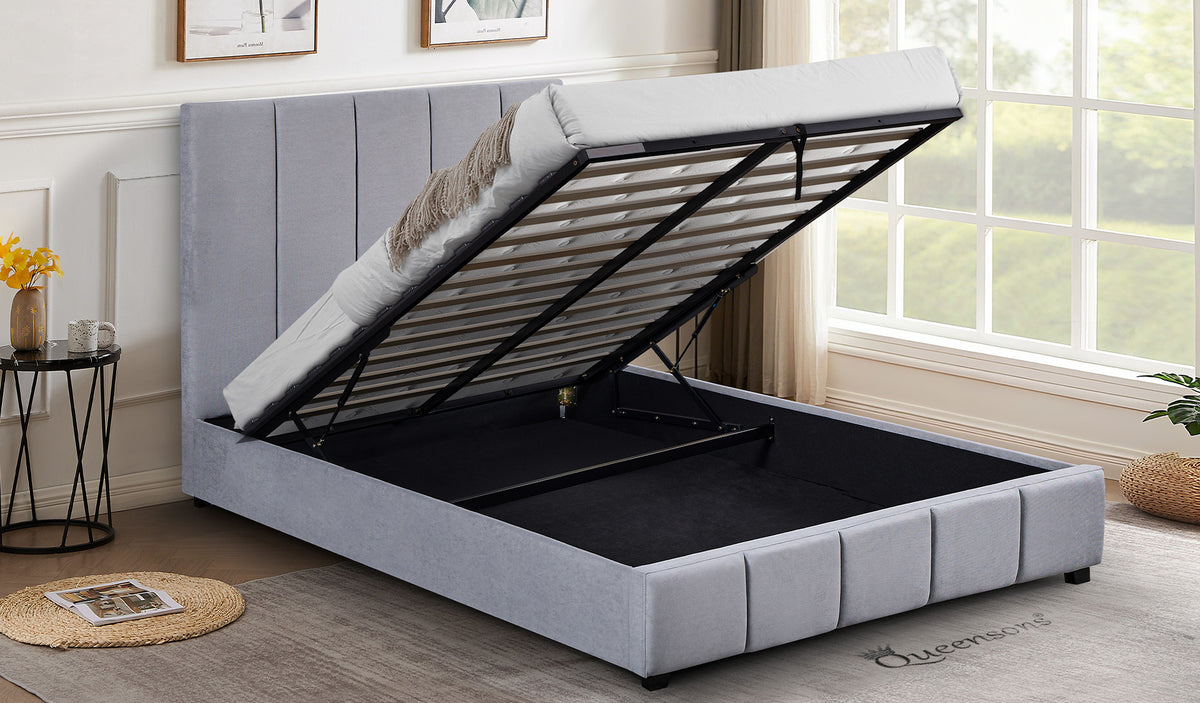 New Frankfurt Grey Queen Vegan Leather Bed with Lift Top Storage