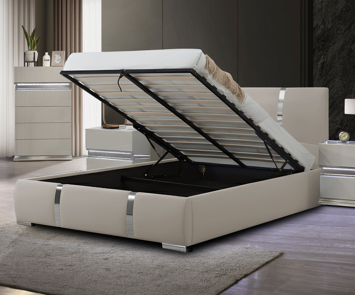 Milan Taupe King Vegan Leather Bed with Lift Top Storage