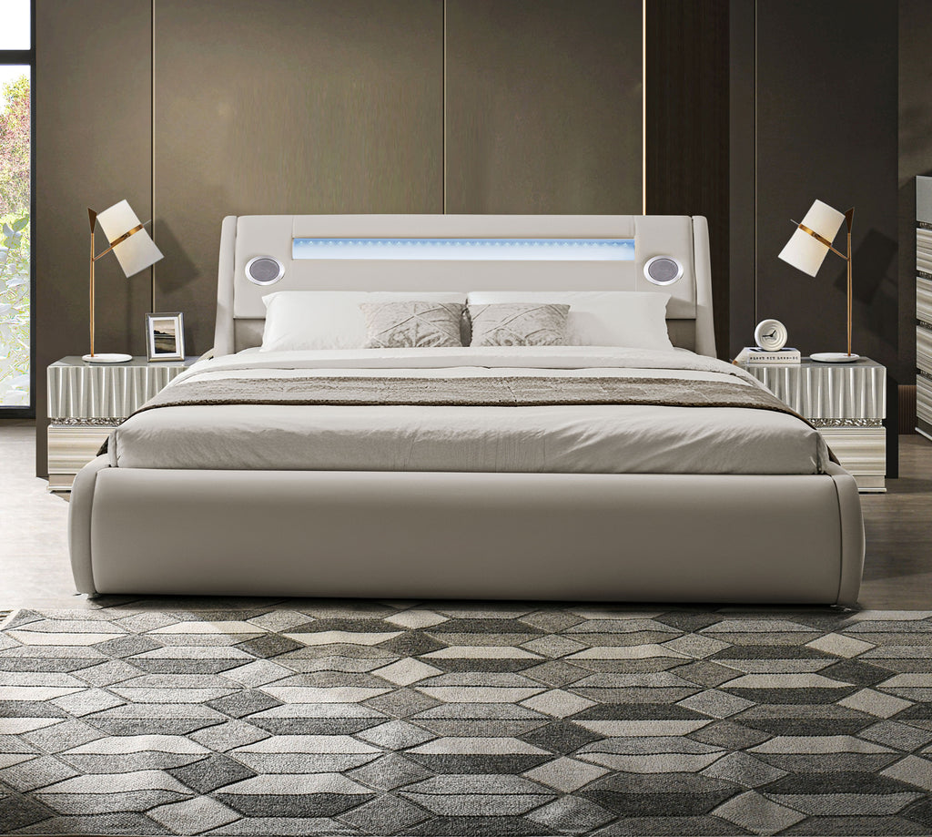 Paris Taupe Queen Vegan Leather Bed with Storage, Speakers and LED Panel