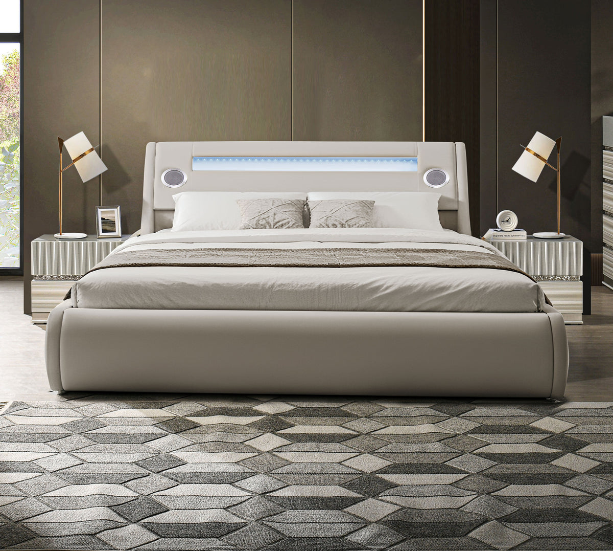Paris Taupe Queen Vegan Leather Bed with Storage, Speakers and LED Panel