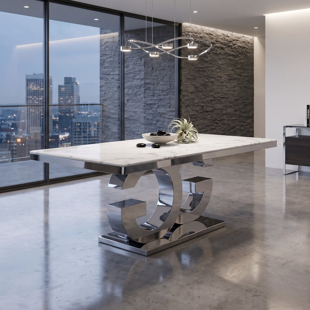 Gracie 71 Inch Marble Top Silver Dining Table