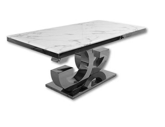 Gracie 71 Inch Marble Top Silver Dining Table