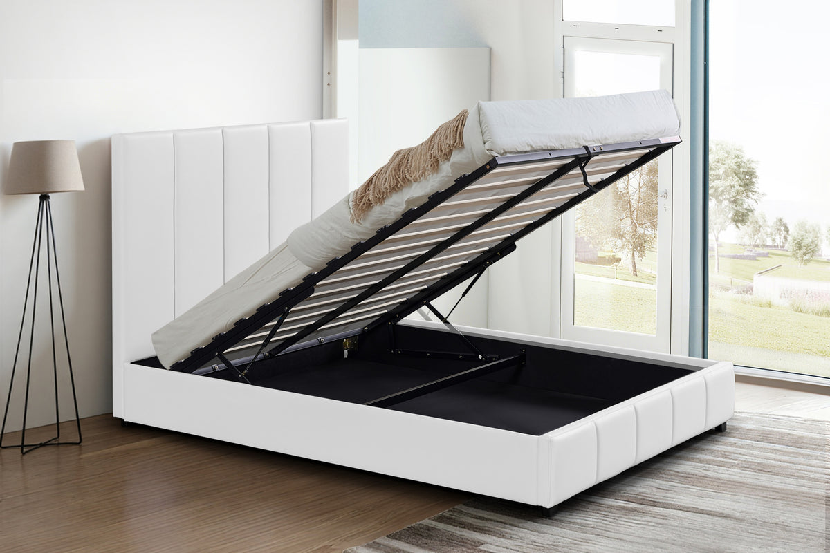 New Frankfurt White Queen Vegan Leather Bed with Lift Top Storage