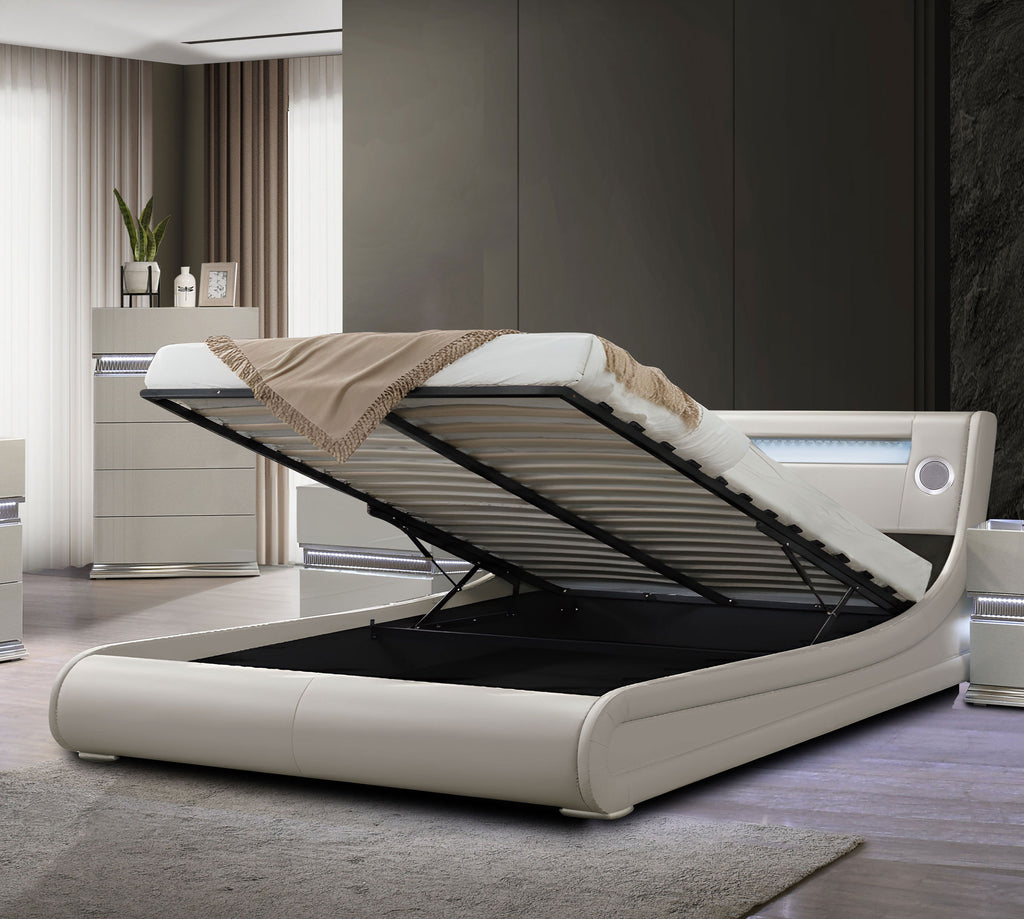 Paris Taupe Queen Vegan Leather Bed with Storage, Speakers and LED Panel