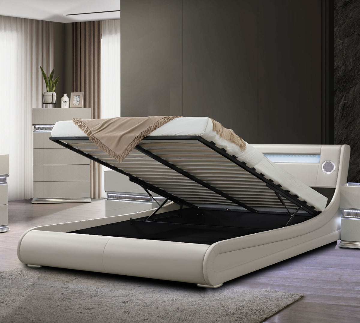 Paris Taupe Queen Vegan Leather Bed with Storage, Speakers and LED Panel