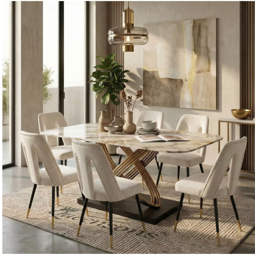 7-Piece Bundle: Omega Dining Table with Cleo Beige Dining Chairs