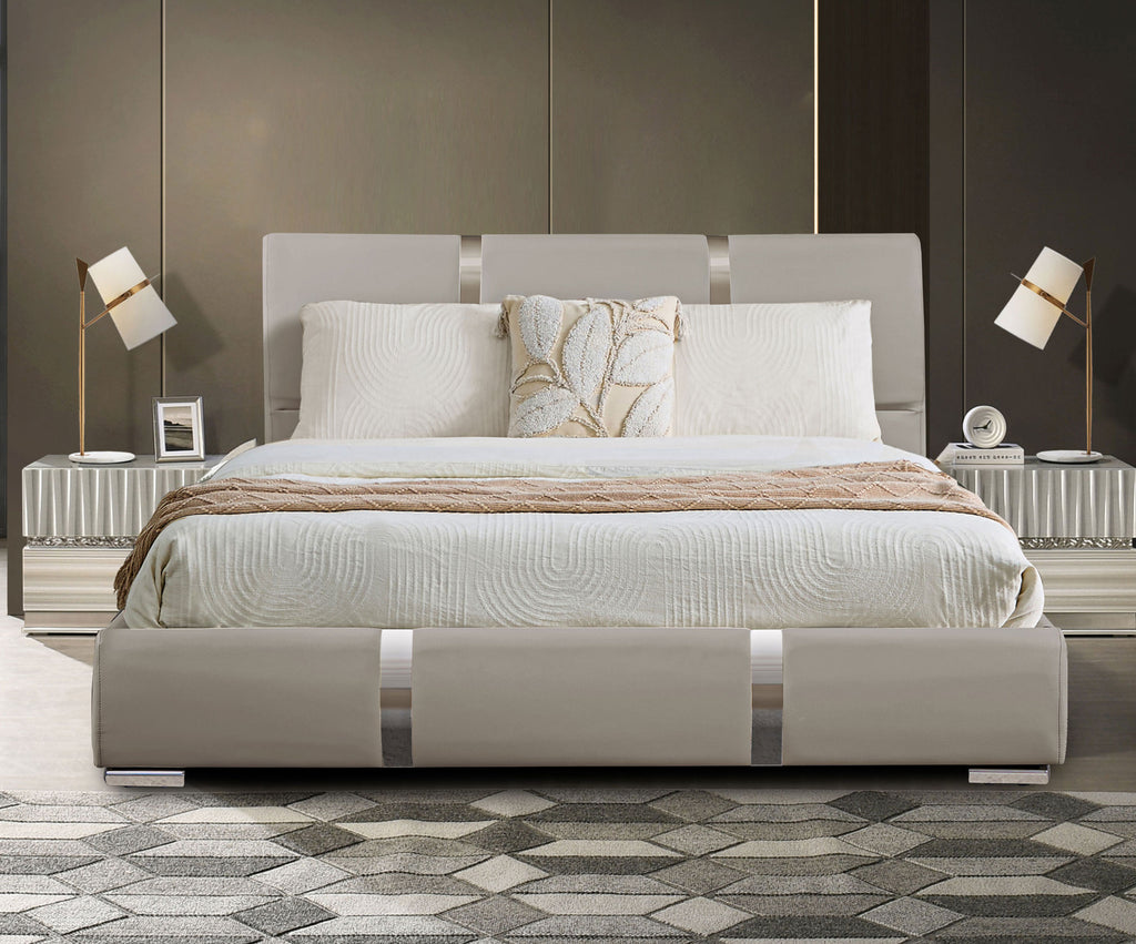 Milan Taupe Queen Vegan Leather Bed with Lift Top Storage