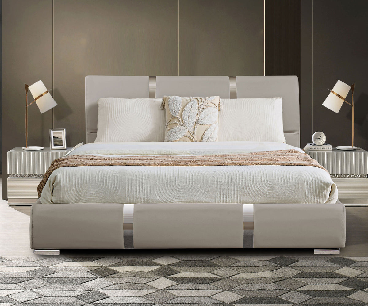 Milan Taupe Queen Vegan Leather Bed with Lift Top Storage