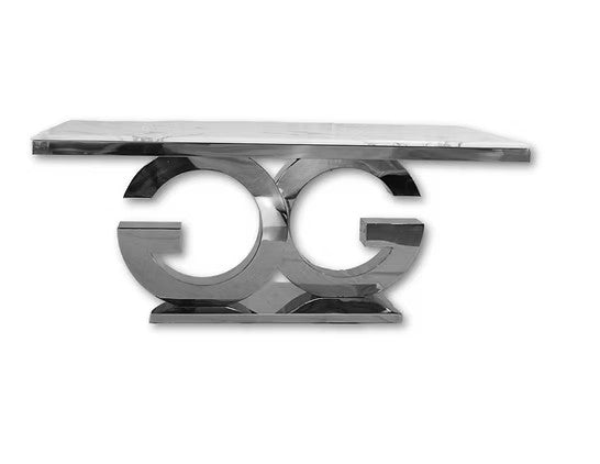 Gracie 71 Inch Marble Top Silver Dining Table