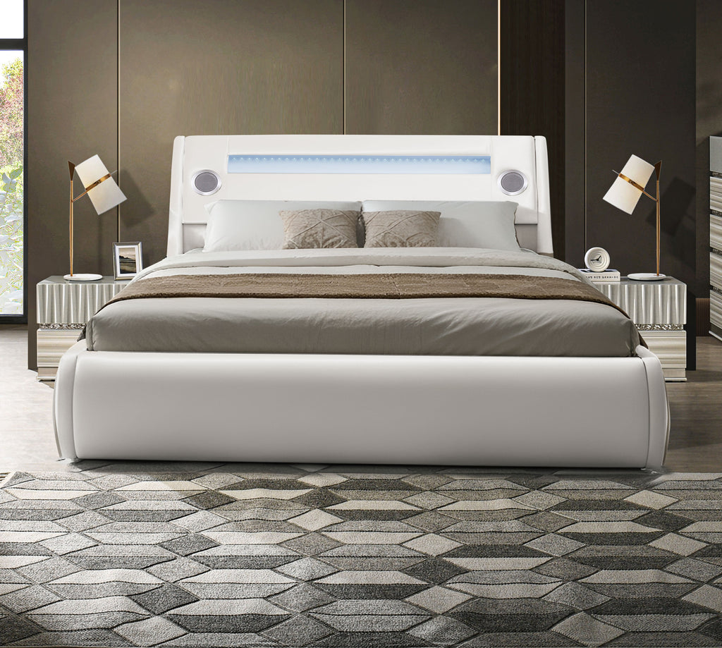 Paris White Queen Vegan Leather Bed with Storage, Speakers and LED Panel