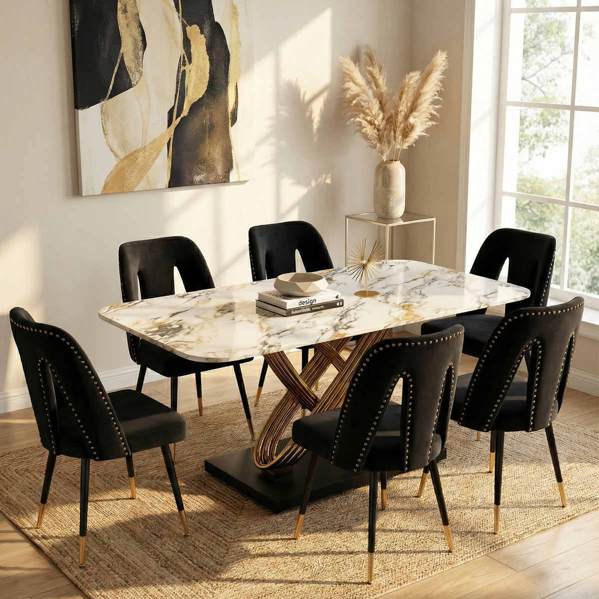 7-Piece Bundle: Omega Dining Table with Cleo Black Dining Chair