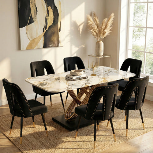 7-Piece Bundle: Omega Dining Table with Cleo Black Dining Chair