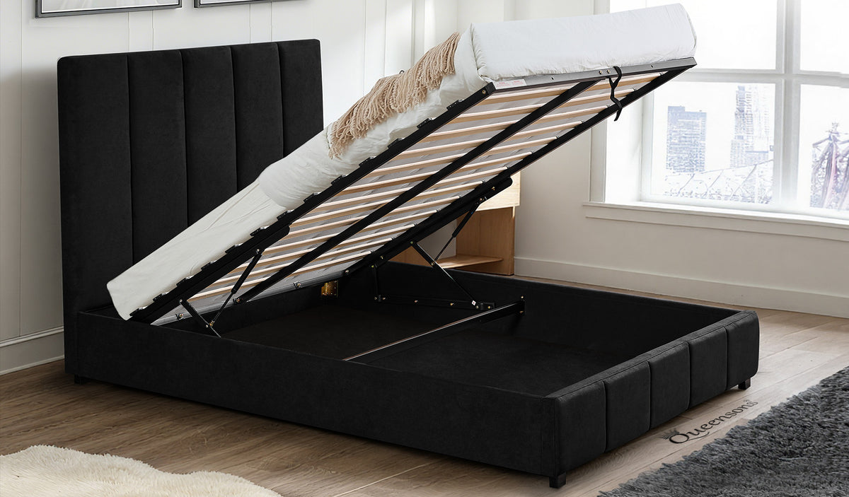New Frankfurt Black Queen Vegan Leather Bed with Lift Top Storage