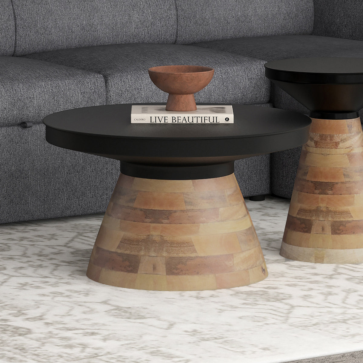 Boden Round Coffee Table (Black and Walnut)