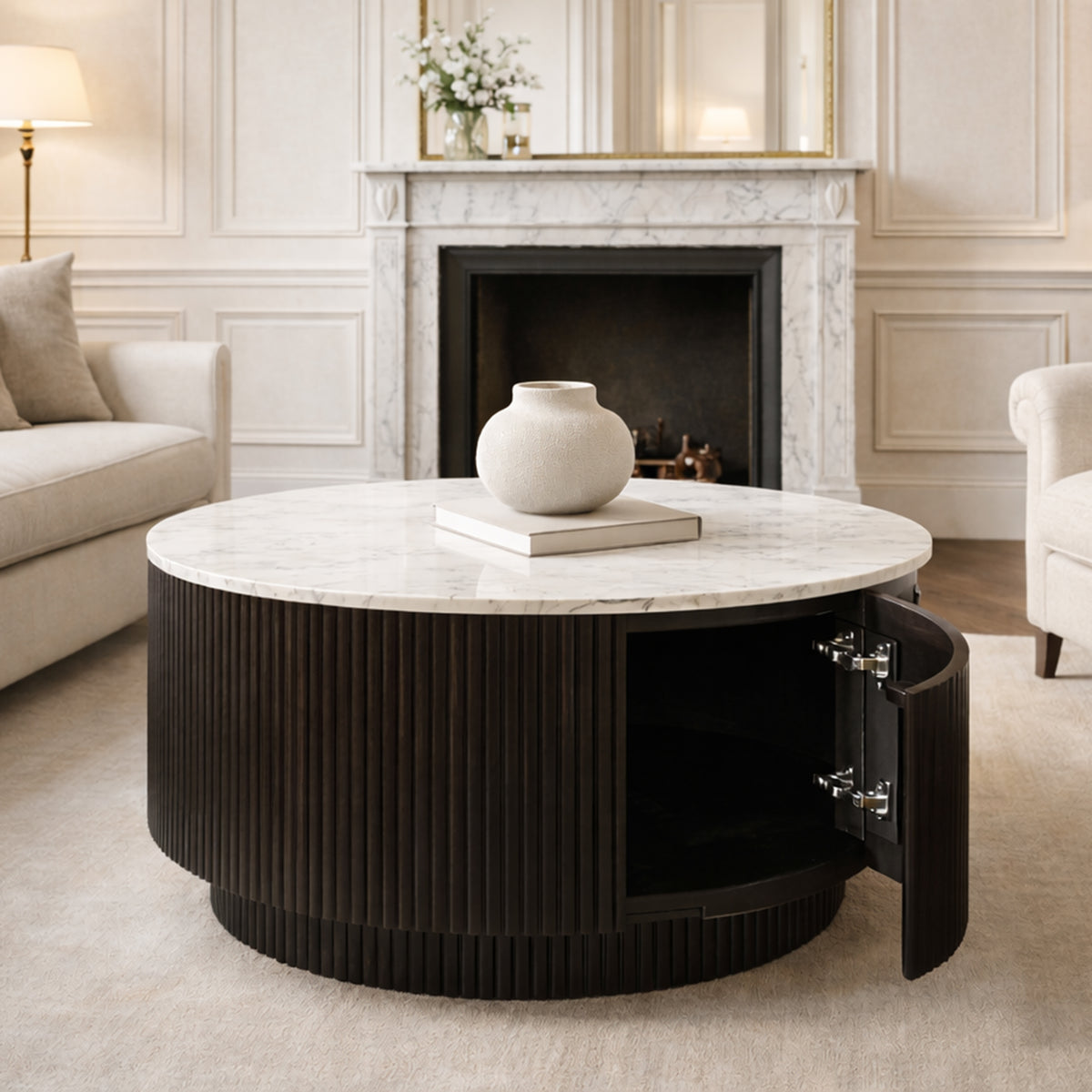 Reyna Round Coffee Table with Storage (Black and White)