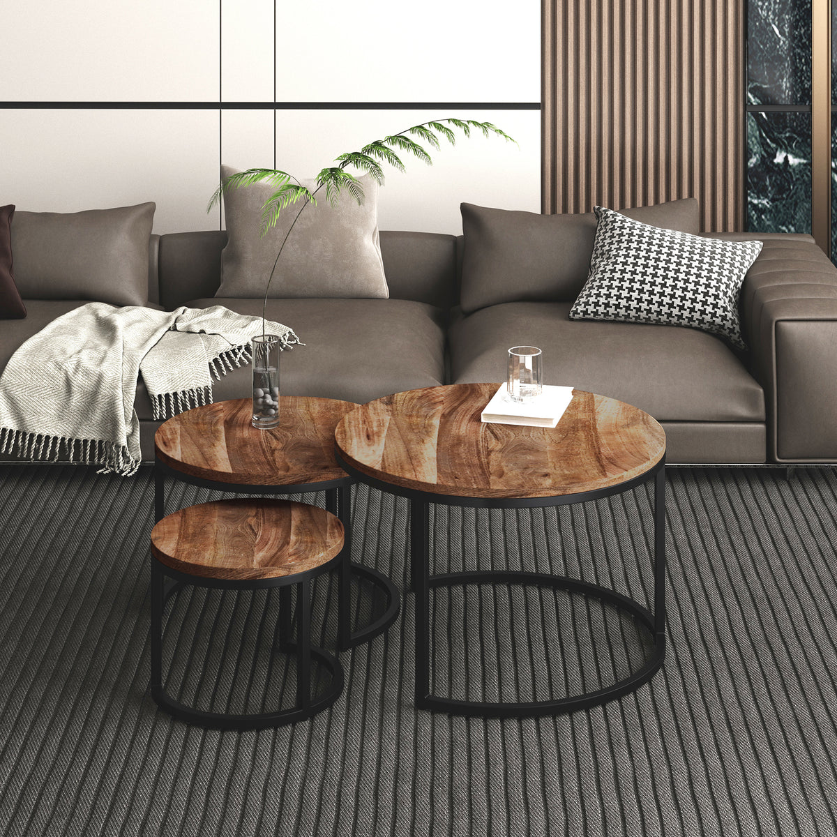 Darsh 3pc Round Coffee Table Set (Natural and Black)