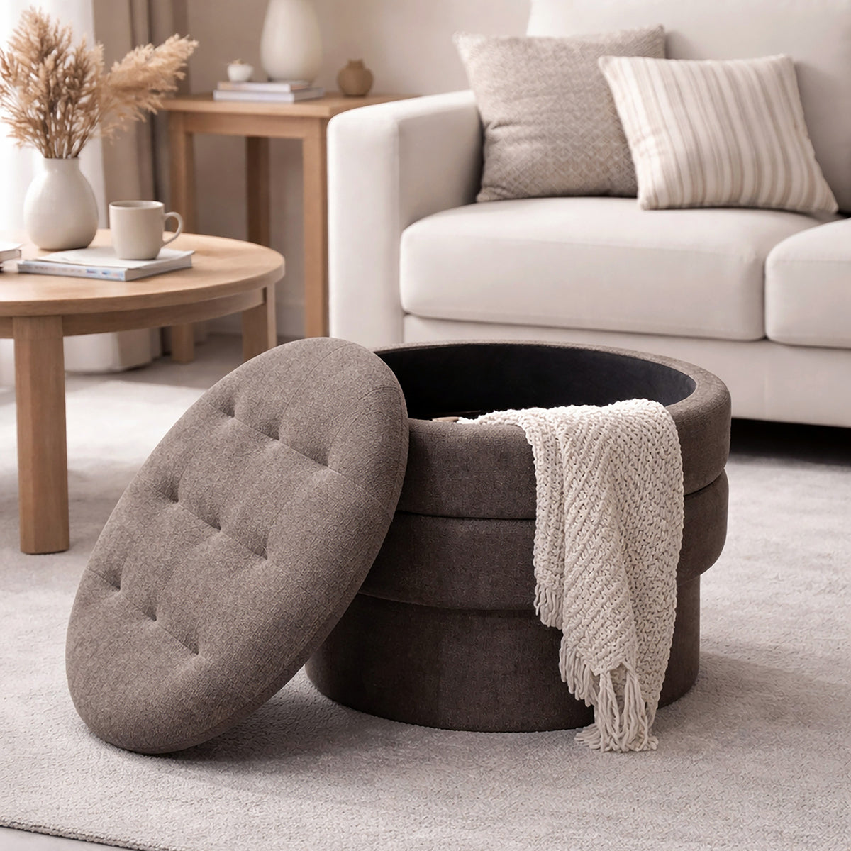 Kepler Round Storage Ottoman (Warm Charcoal)