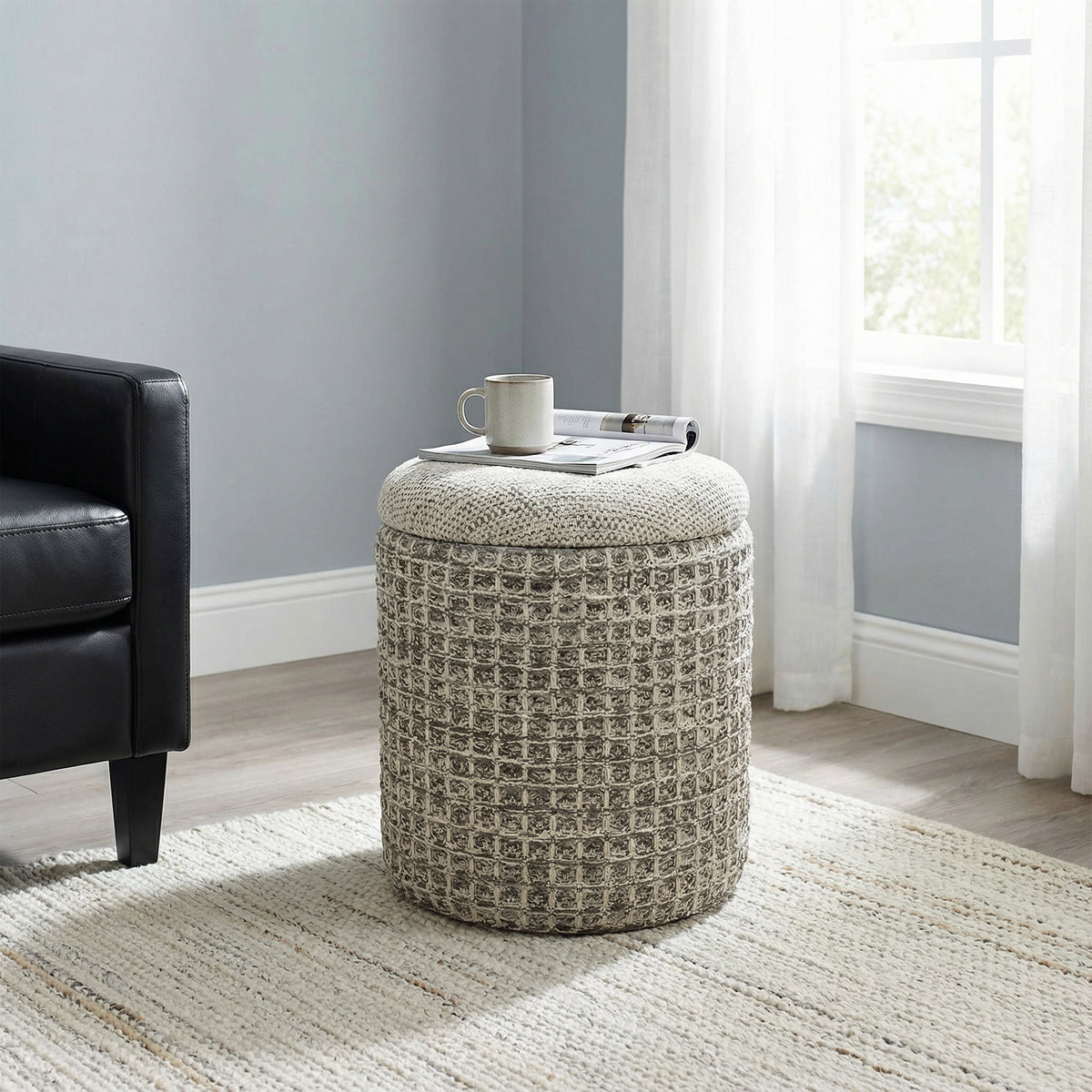 Indigo Round Storage Ottoman (Beige Charcoal)