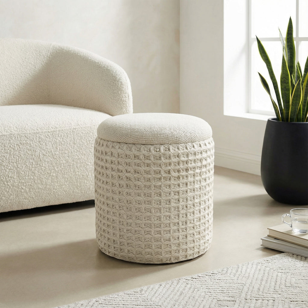 Indigo Round Storage Ottoman (Ivory)