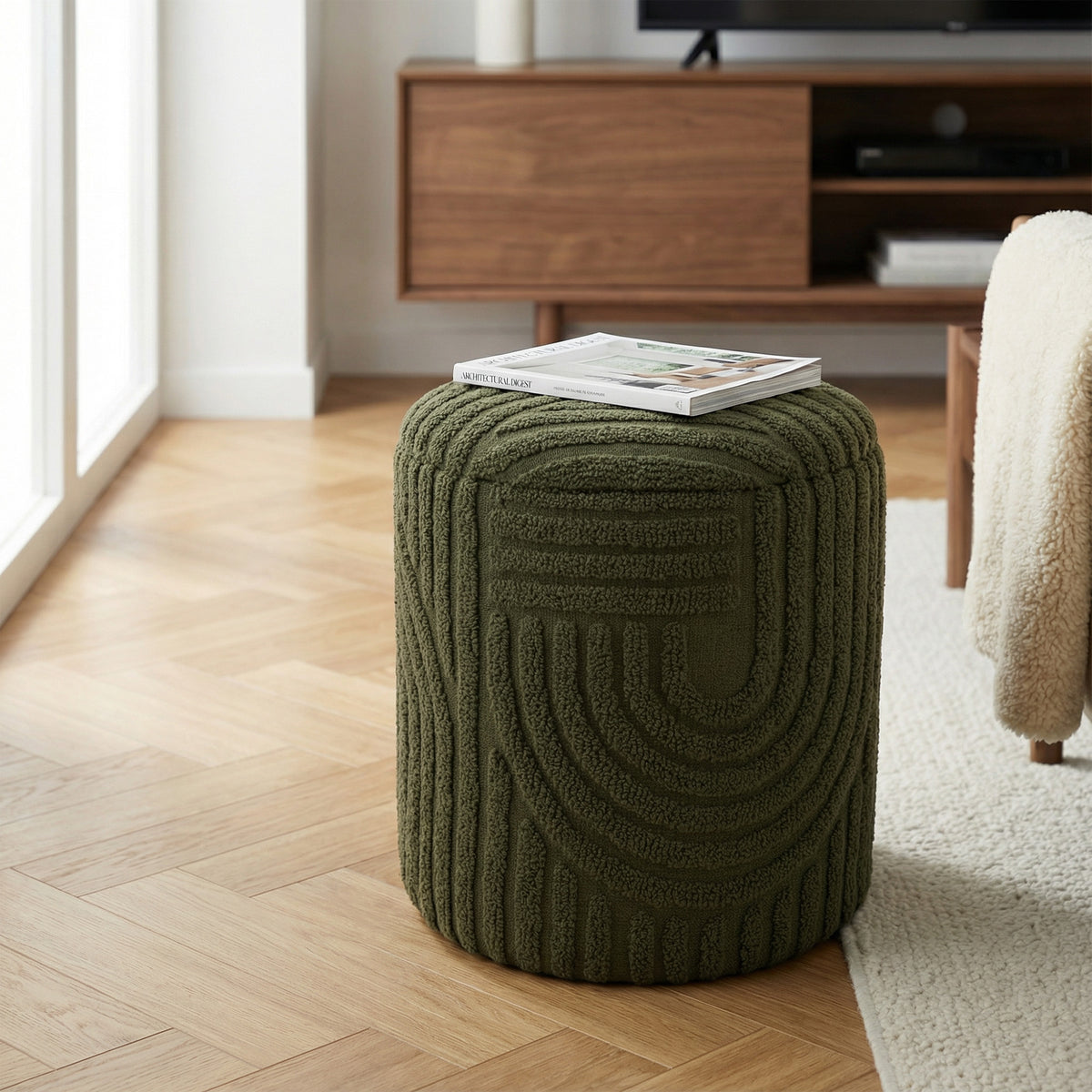 Lullu Round Storage Ottoman (Olive Green)