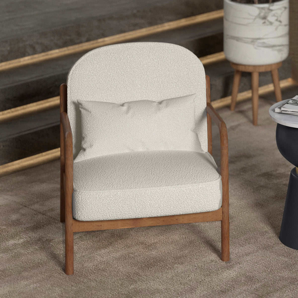 Fani Accent Chair, Fabric (White Boucle and Walnut)
