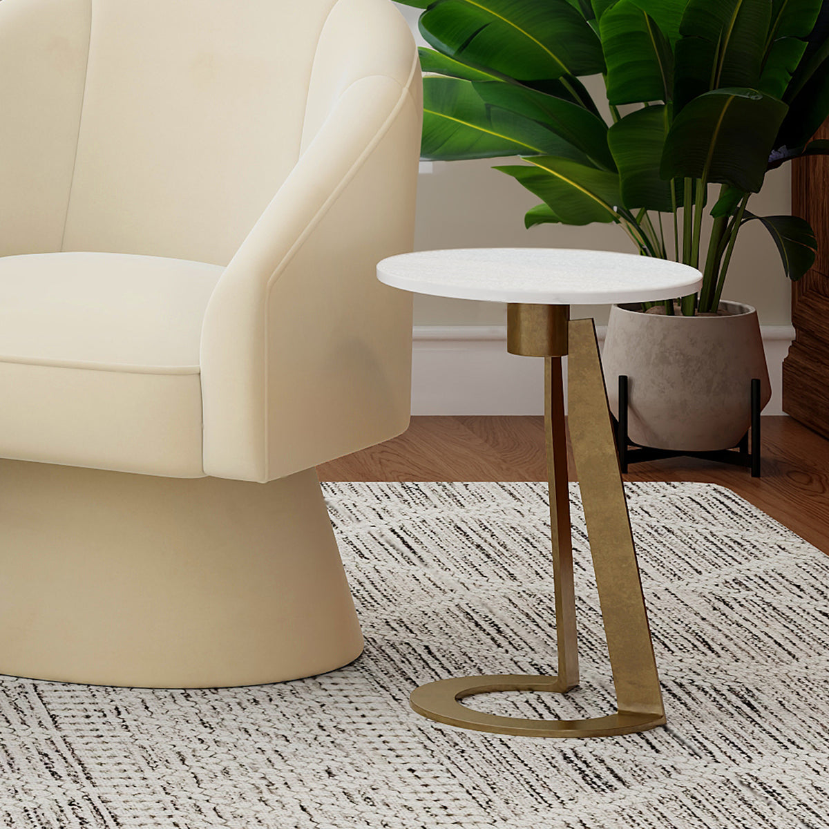 Devas Round Accent Table (White and Aged Brass)