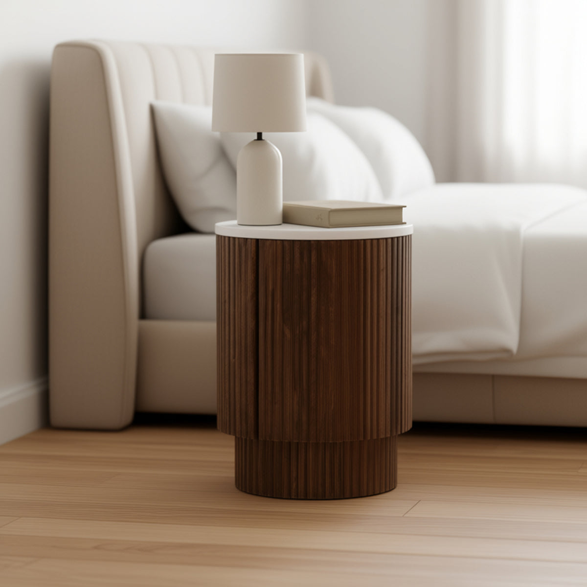 Reyna Round Accent Table with Storage (Walnut and White)