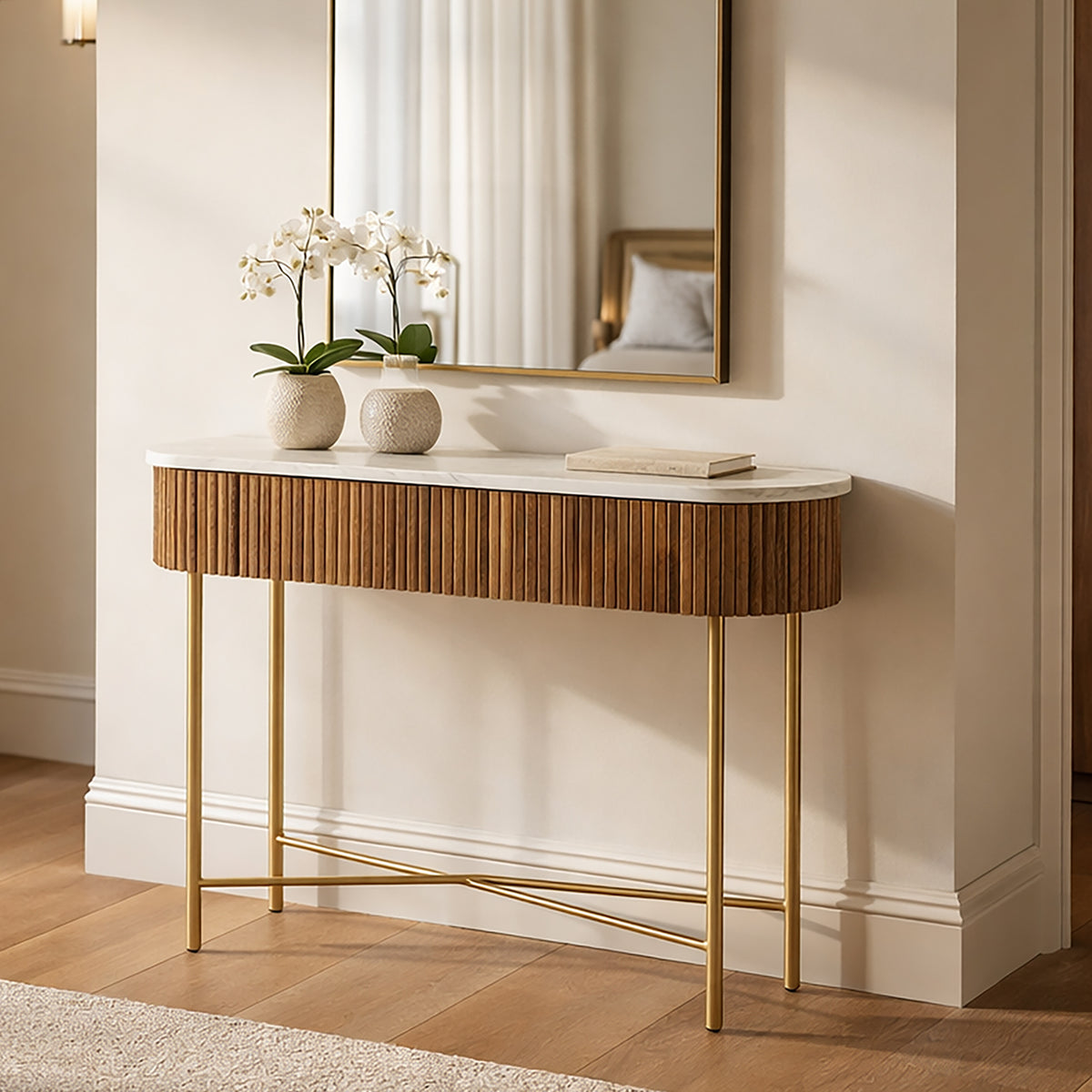 Reyna Console Table, 39″ with Drawers (Walnut and White)
